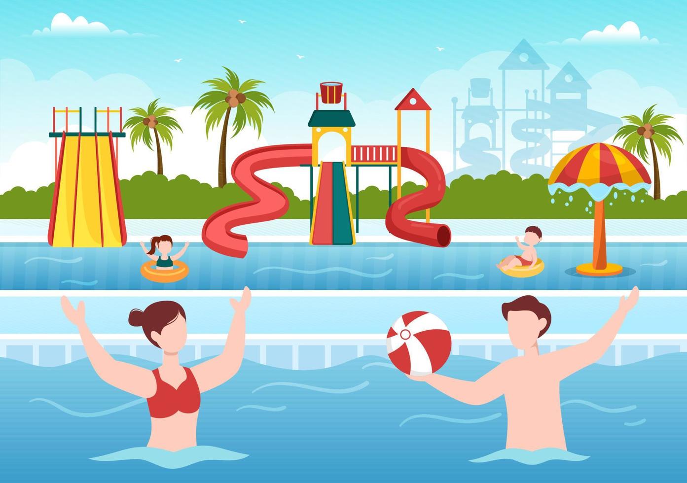 parque aquático com piscina, diversão, escorregador, palmeiras e as pessoas nadam para recreação e playground ao ar livre em ilustração plana de desenho animado vetor