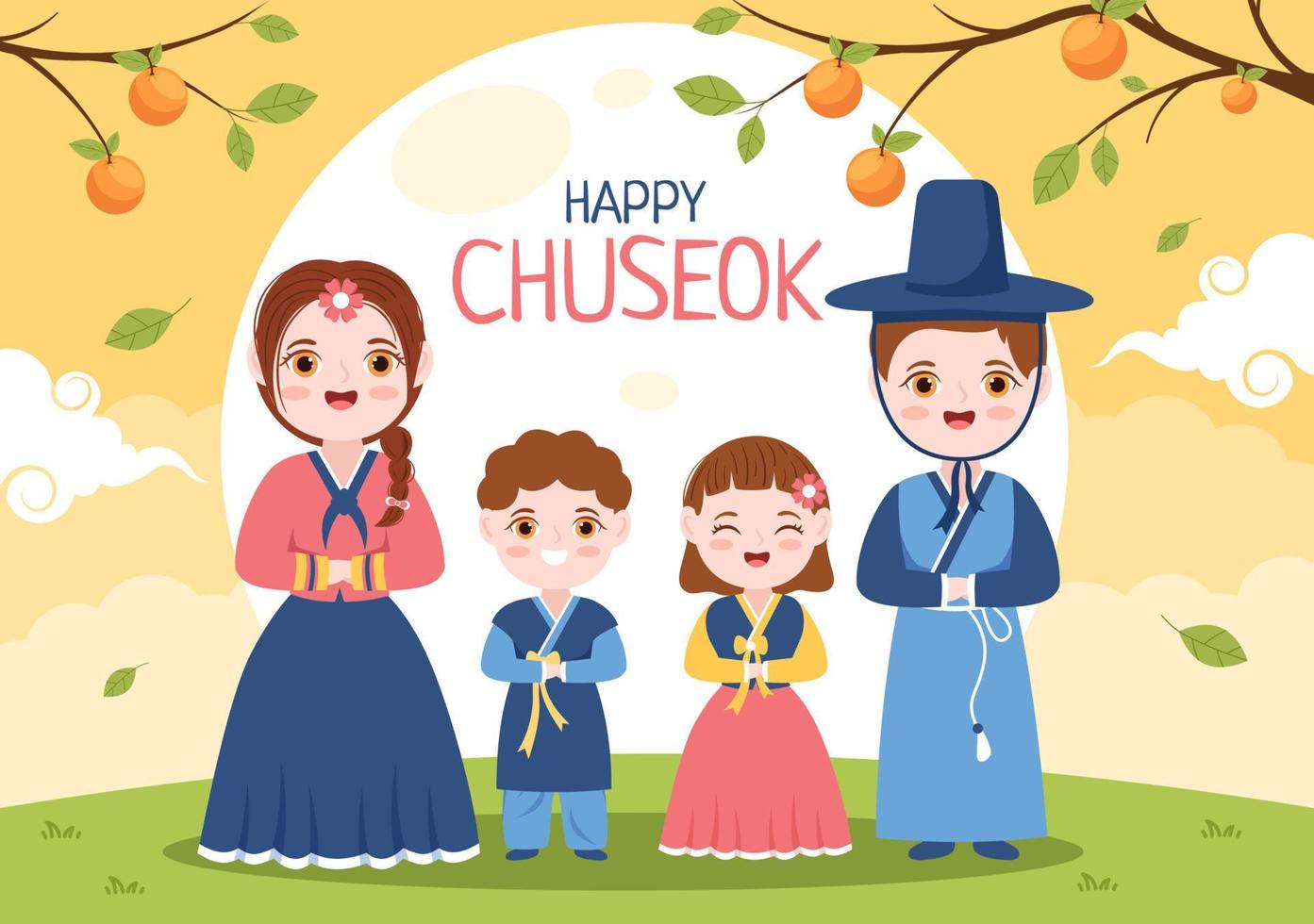 feliz dia de chuseok na coreia para ação de graças com pessoas no tradicional hanbok, lua cheia e paisagem do céu em ilustração plana dos desenhos animados vetor