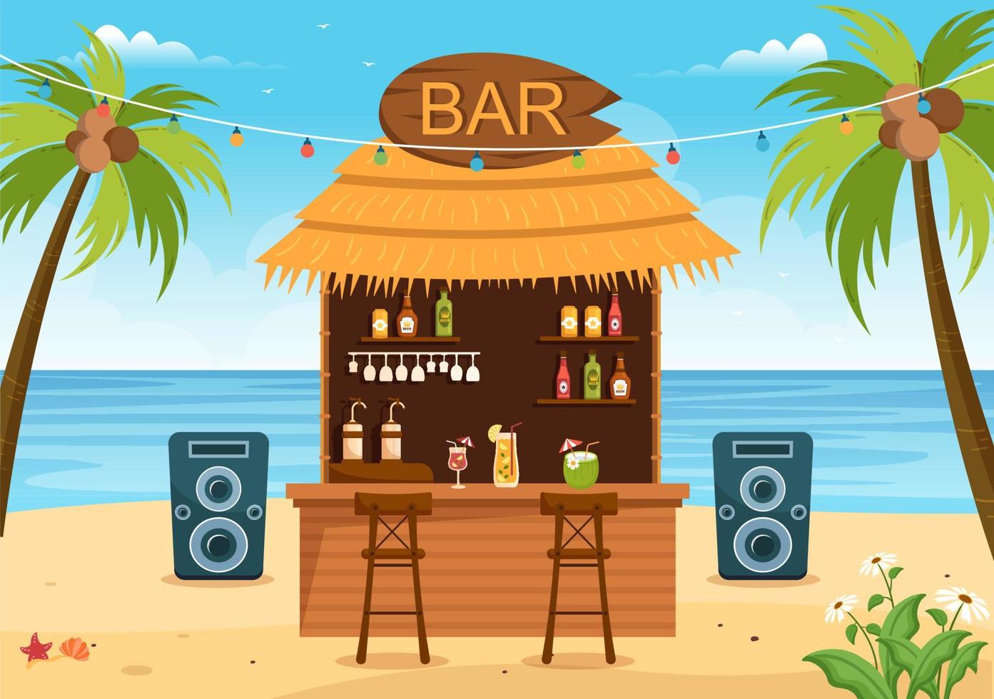 bar tropical ou pub na praia com garrafas de bebidas alcoólicas, barman, mesa, interior e cadeiras à beira-mar em ilustração plana dos desenhos animados vetor