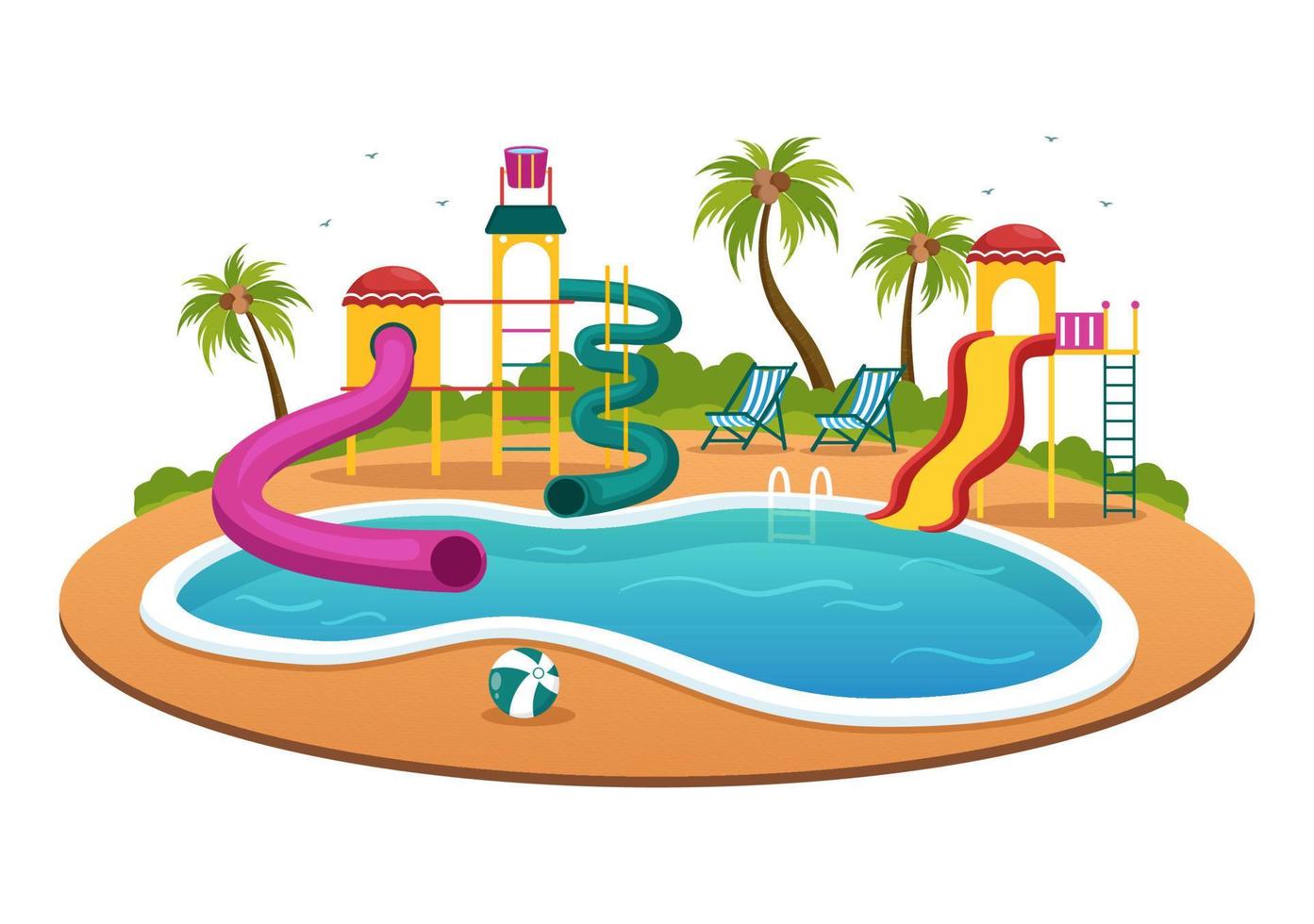 parque aquático com piscina, diversões, escorregador, palmeiras para recreação e playground ao ar livre em ilustração plana dos desenhos animados vetor