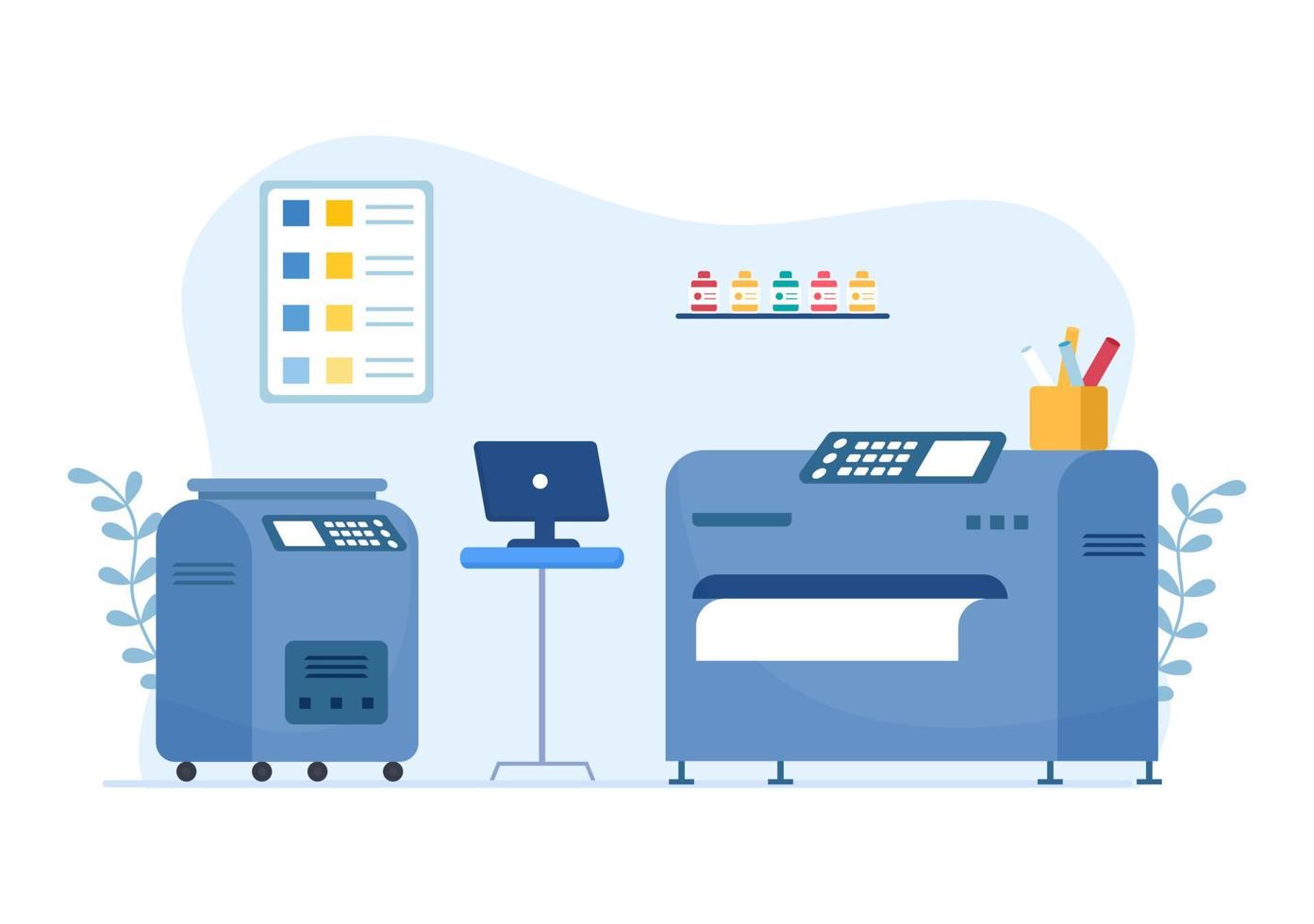 ilustração de loja de impressão com processo de produção na casa de impressão e máquinas para operar impressoras de arquivos grandes em desenhos animados de estilo simples vetor