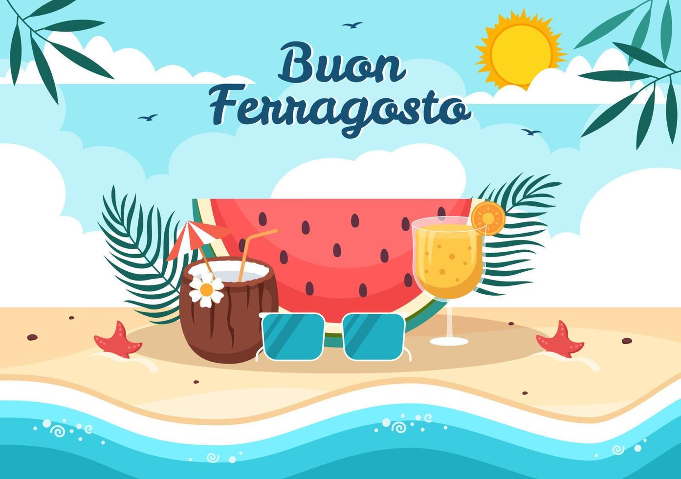 festival de verão italiano buon ferragosto na ilustração dos desenhos animados de praia no feriado comemorado em 15 de agosto em design de estilo simples vetor