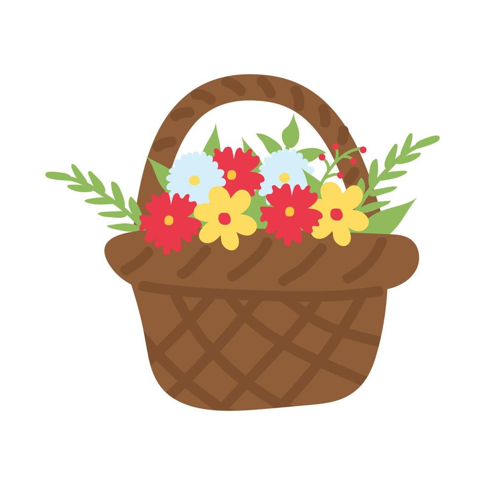 uma cesta de flores, pintada em estilo doodle. Coleção de primavera. ilustração vetorial plana vetor
