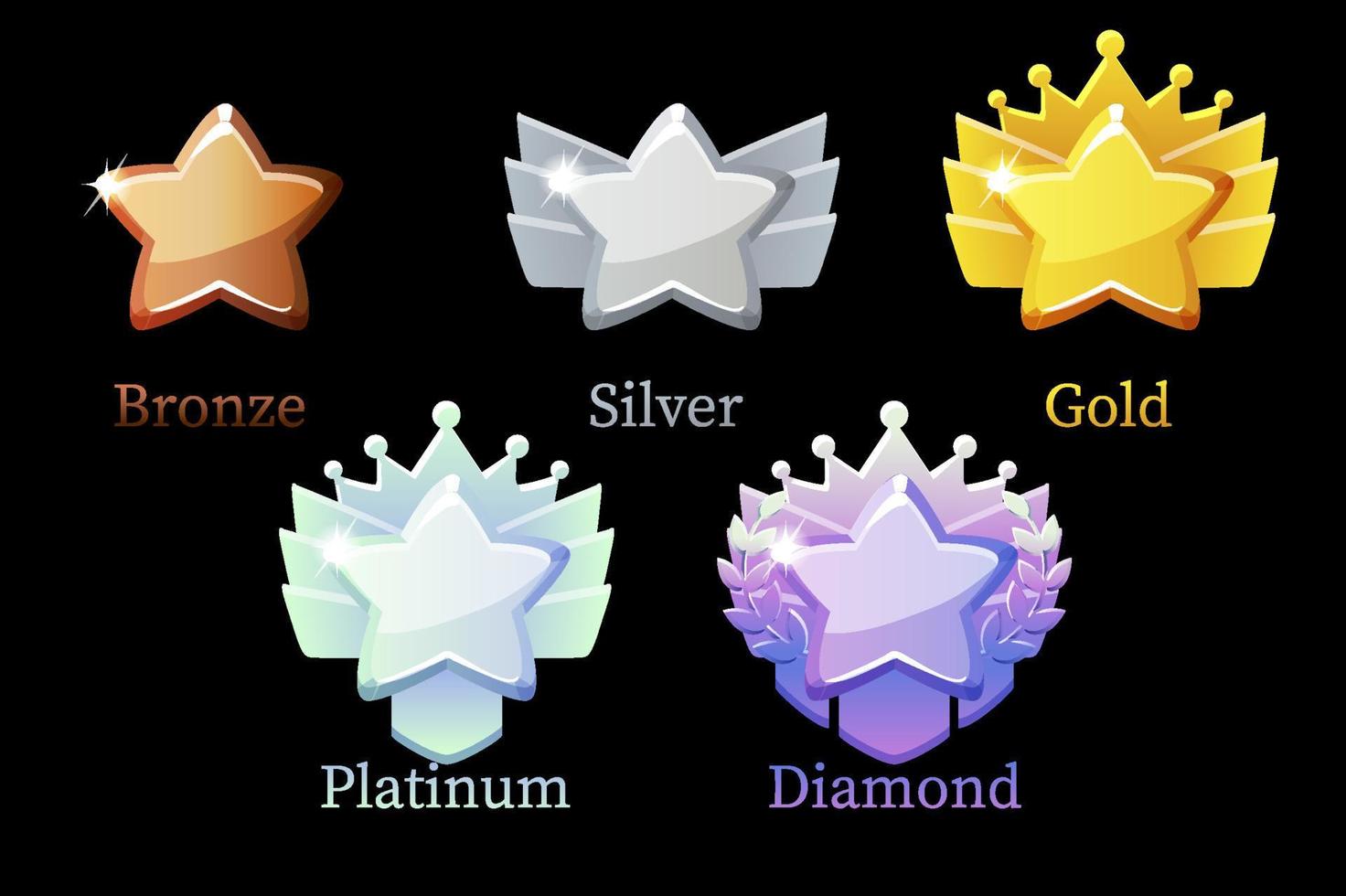 estrelas de conquista para o jogo, rótulos de prêmio para o vencedor. ilustração vetorial conjunto de ícones de estrelas coloridas para design gráfico. vetor