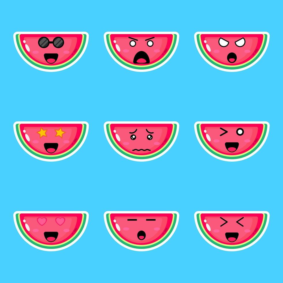 desenhos animados de frutas melancia com emoções diferentes. vetor