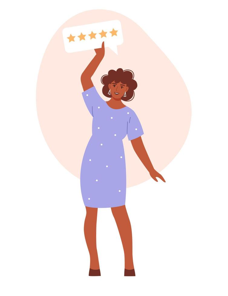 cliente feminino feliz dá 5 estrelas. conceito de feedback. ilustração vetorial plana. vetor