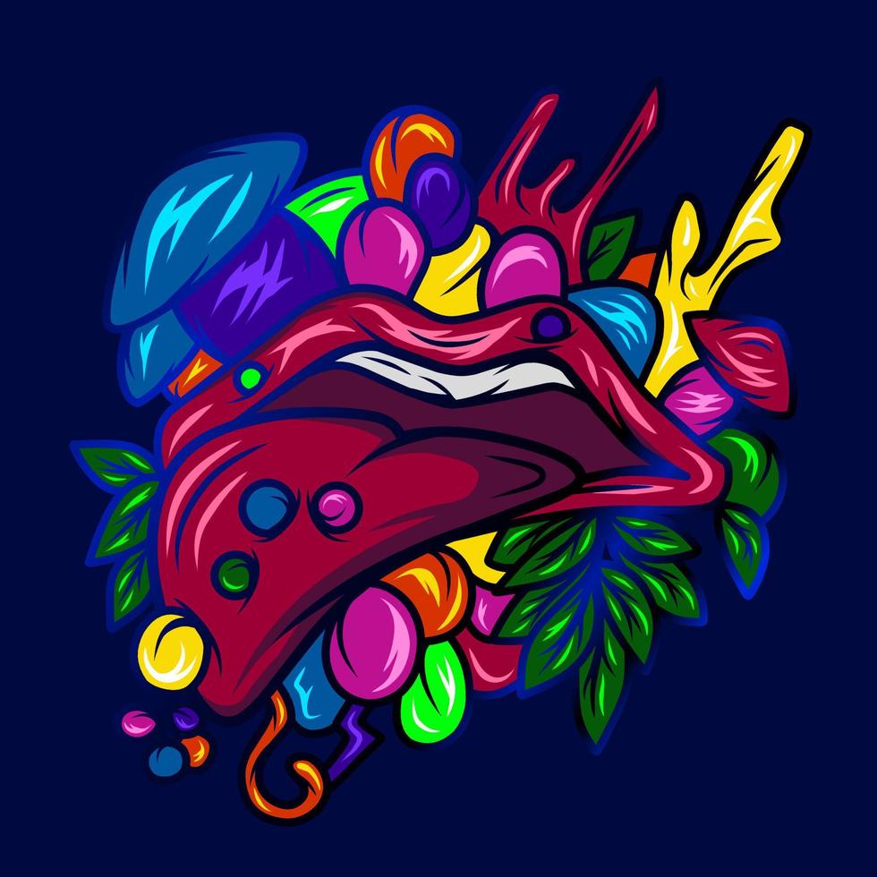 lábio língua arte potrait logotipo design colorido com fundo escuro. vetor