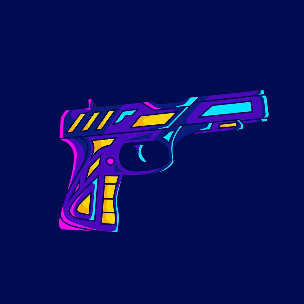 pistola arma console de jogos cyberpunk logotipo linha pop art retrato ficção design colorido com fundo escuro. ilustração em vetor abstrato.