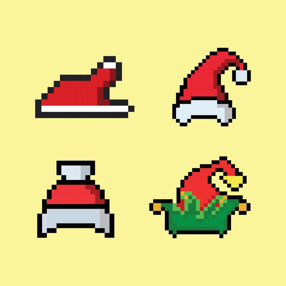 chapéu de natal de pixel art e chapéu de papai noel item de jogo festivo de natal de 8 bits vetor