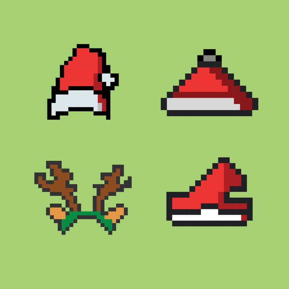 chapéu de natal de pixel art e chapéu de papai noel item de jogo festivo de natal de 8 bits vetor