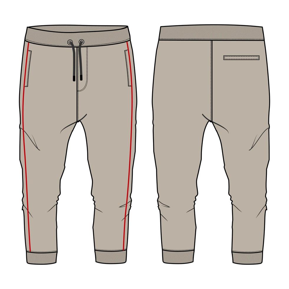 calças de moletom desenho plano de moda técnica ilustração vetorial modelo de cor cáqui vistas frontais traseiras vetor