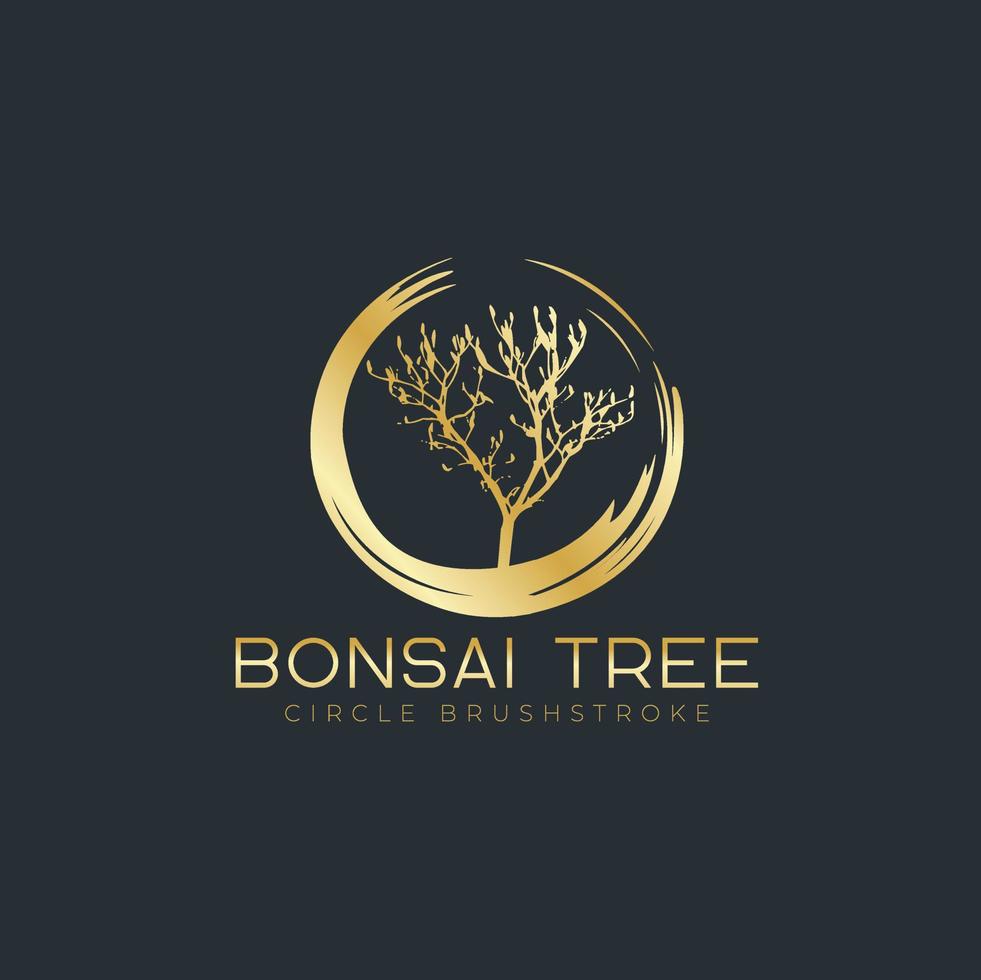 pincelada de círculo com logotipo de árvore bonsai, ícones de silhueta de plantas em fundo branco. vetor