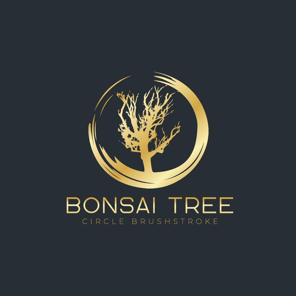 pincelada de círculo com logotipo de árvore bonsai, ícones de silhueta de plantas em fundo branco. vetor