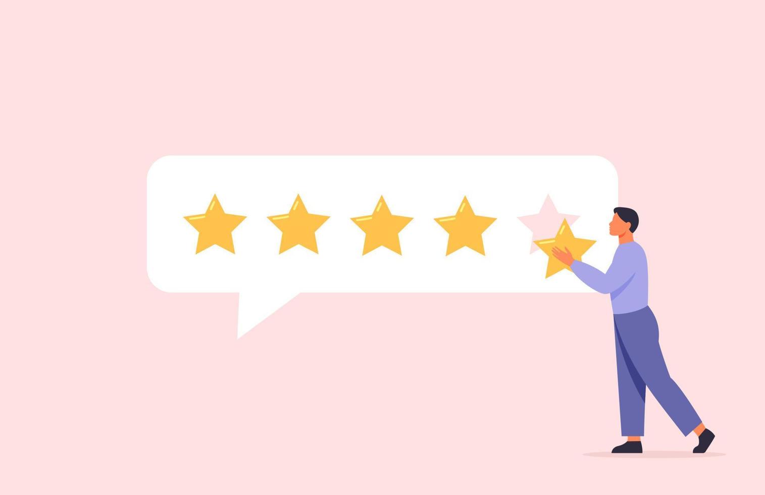 personagem de homem dando feedback de cinco estrelas. cliente avaliando produto, serviço. conceito de avaliação de satisfação do cliente. ilustração vetorial plana. vetor