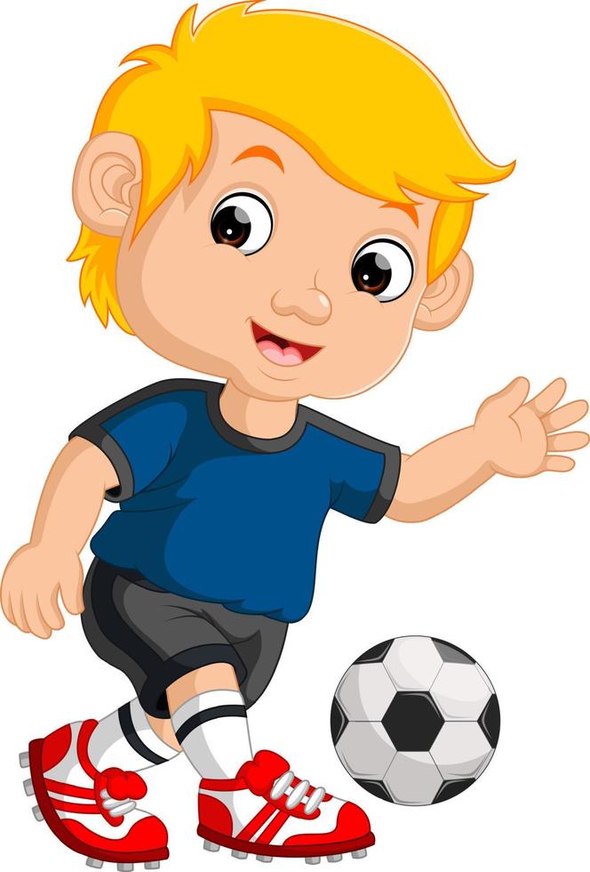 menino de desenho animado jogando futebol vetor