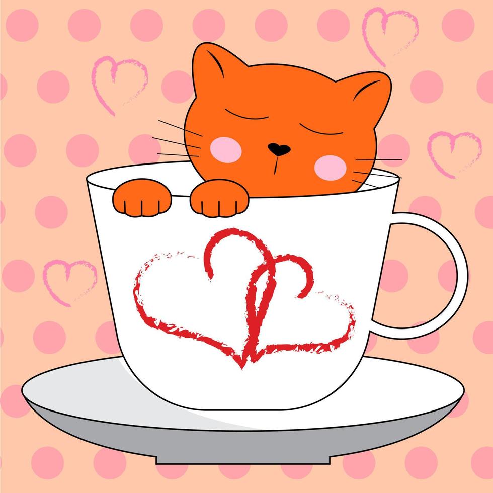 personagens fofinhos gato vermelho em uma xícara de café. personagem de desenho animado em estilo doodle. ilustração vetorial vetor