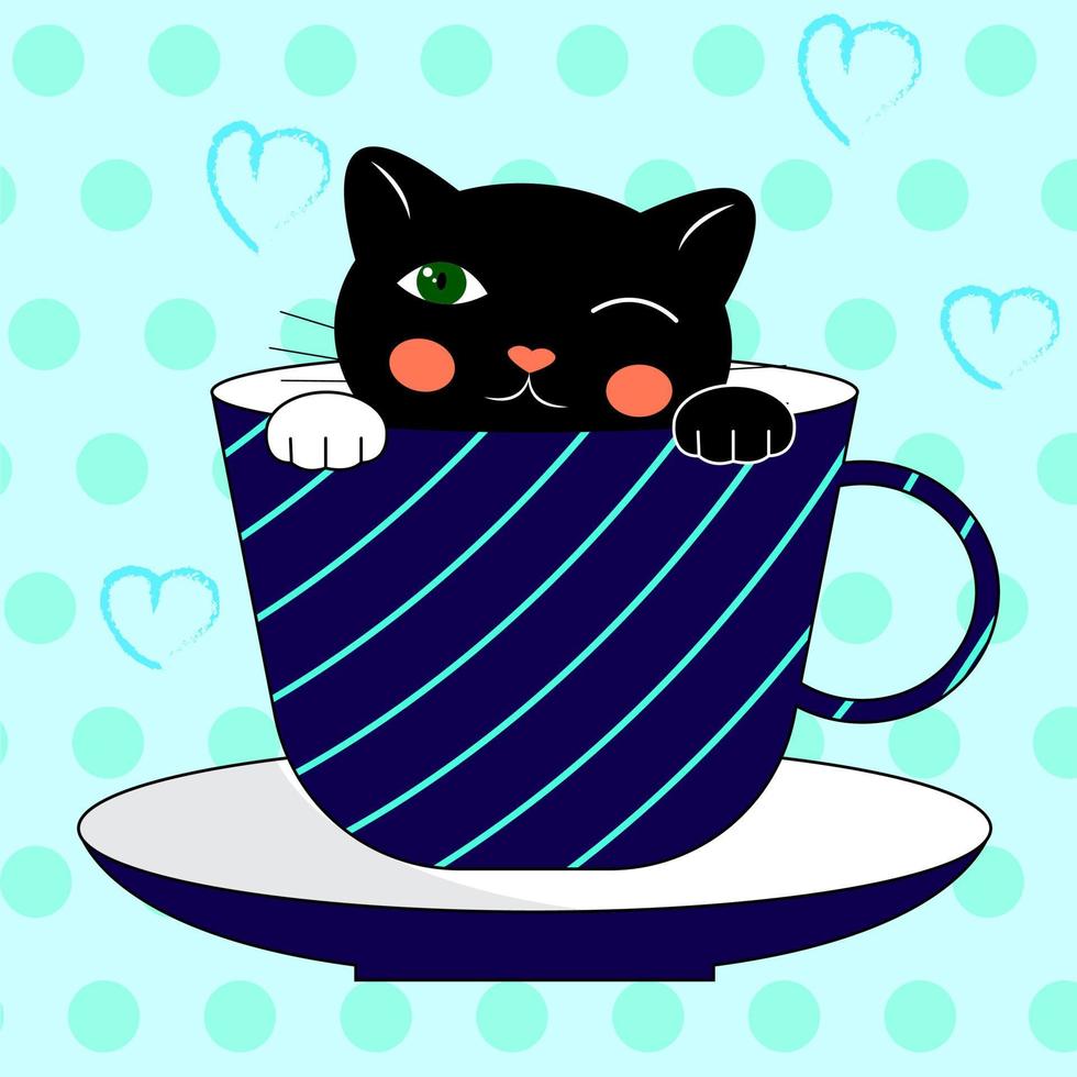 personagens fofinhos gato preto em uma xícara de café. personagem de desenho animado em estilo doodle. ilustração vetorial vetor