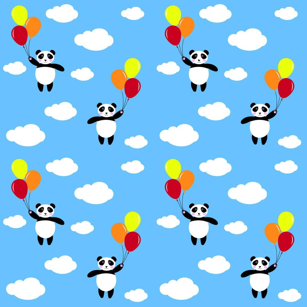 fundo perfeito de panda, panda fofo feliz está voando com balões no céu entre as nuvens. ilustração vetorial para crianças vetor