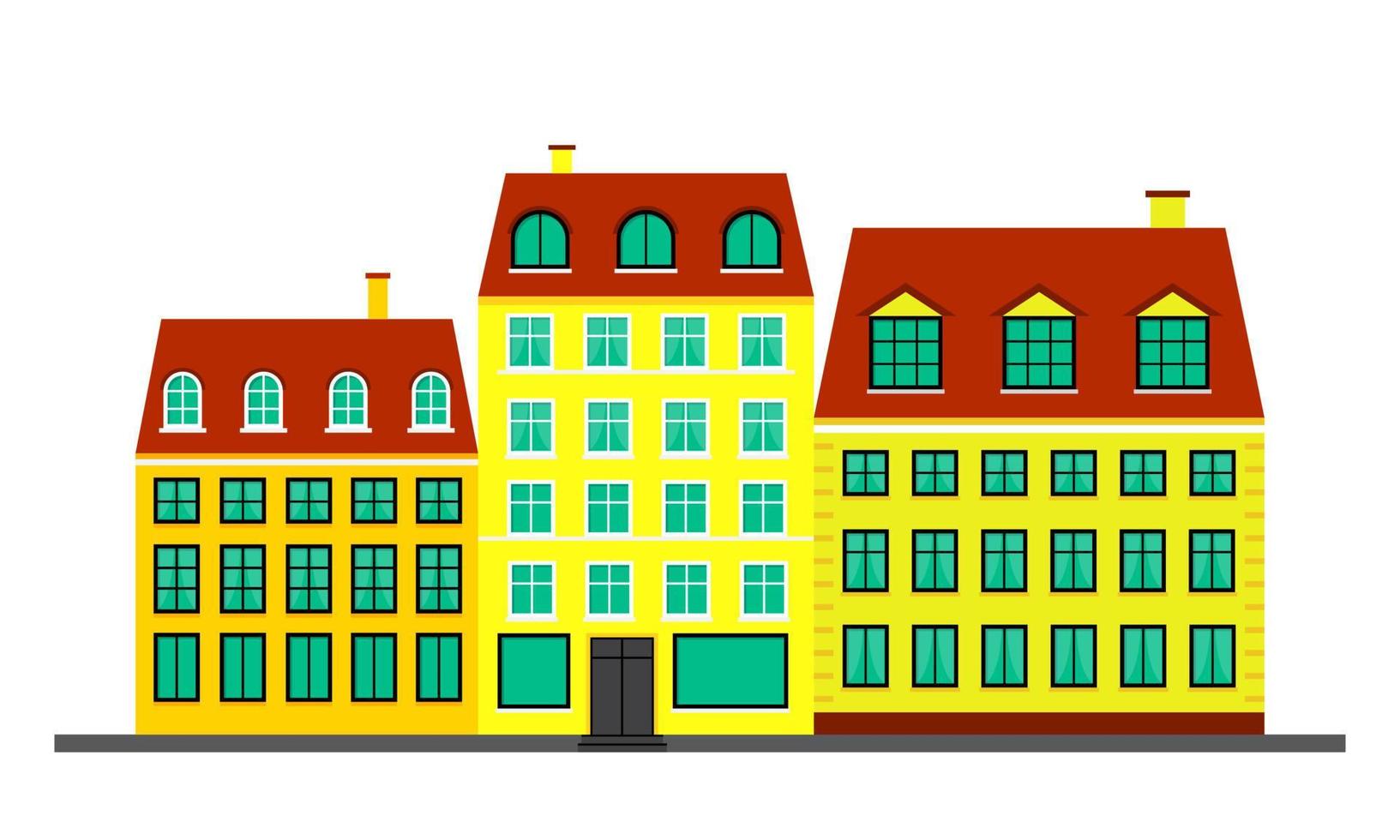 vida urbana. casas amarelas no estilo escandinavo. paisagem com fachadas de edifícios. ilustração vetorial isolada no fundo branco vetor