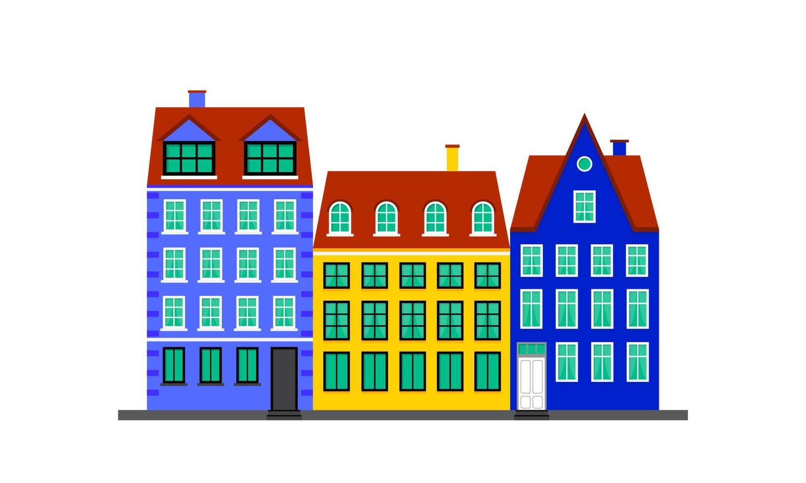 vida urbana. casas coloridas no estilo escandinavo. paisagem com fachadas de edifícios. ilustração vetorial isolada no fundo branco vetor