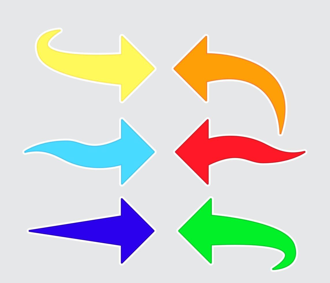 conjunto de ícones de seta para a direita. símbolos de seta de cor. setas curvas de coleção. setas simples planas modernas isoladas. elementos gráficos vetoriais. vetor