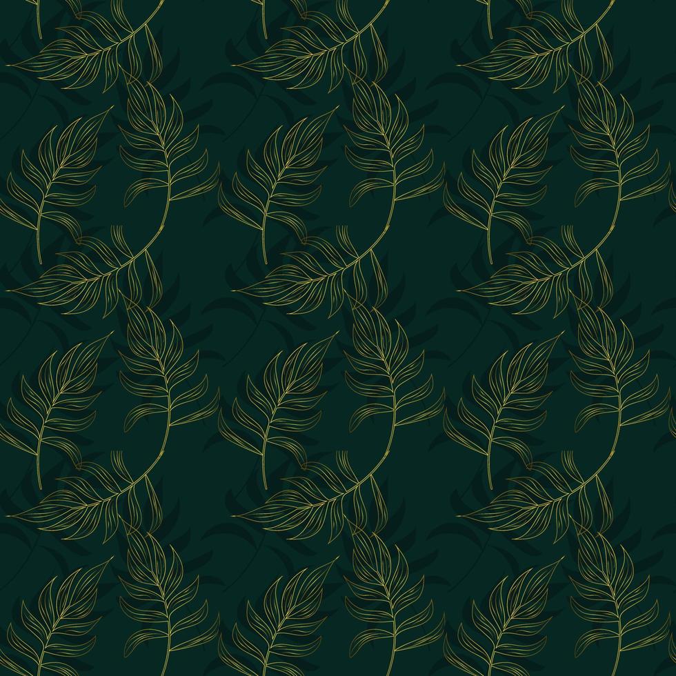 folhas tropicais douradas desenho sem costura padrão. arte abstrata de linha de folha de palmeira, silhueta em fundo de cor verde luxo. ilustração de trópicos criativos para papel de parede, design têxtil. arte vetorial vetor
