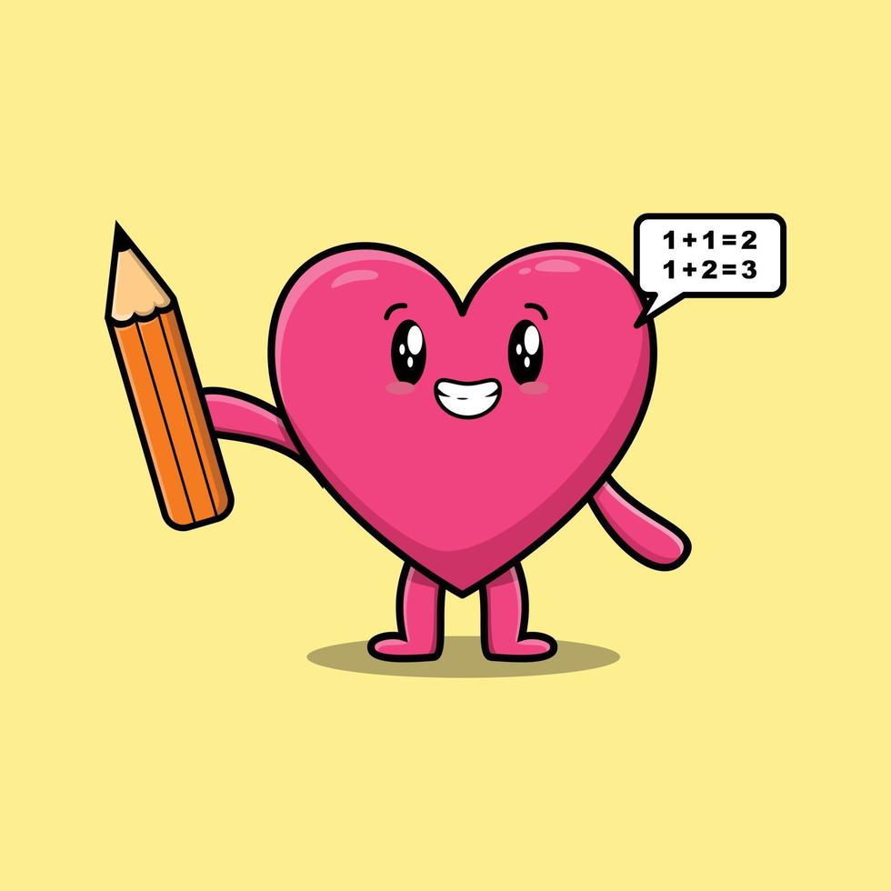 estudante inteligente de desenho animado de coração adorável com lápis vetor