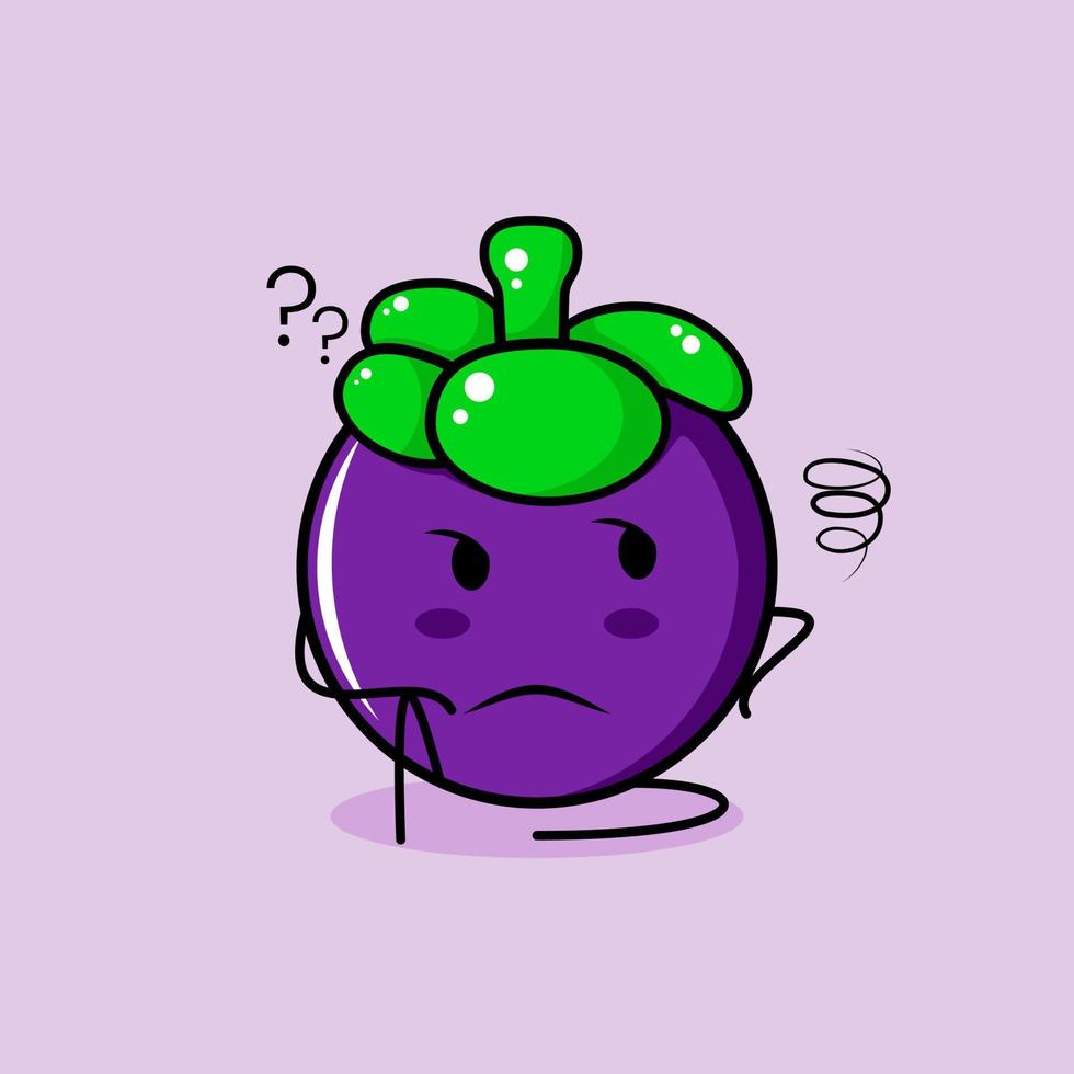 personagem de mangostão bonito com expressão de pensamento e sente-se. verde e roxo. adequado para emoticon, logotipo, mascote vetor