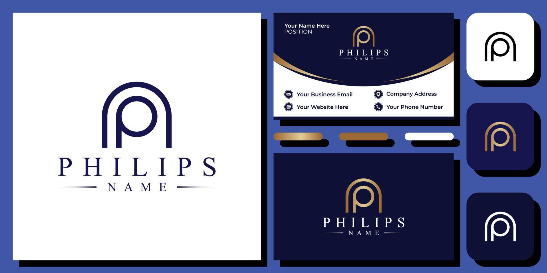 iniciais do título do nome philips minimalista simples limpo com modelo de cartão de visita vetor