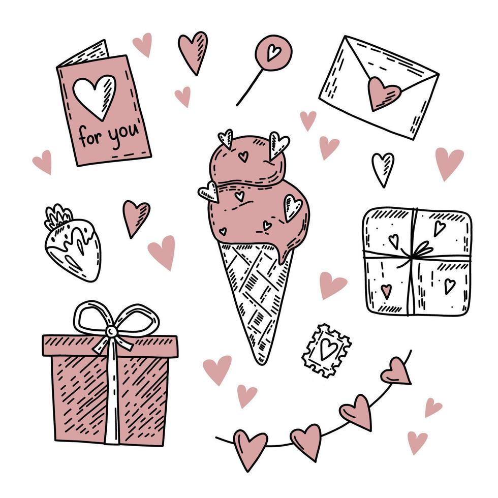 conjunto de elementos vetoriais desenhados à mão sobre o amor. feliz dia dos namorados fundo com rosa vetor