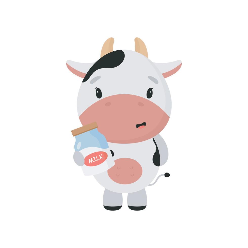 vaca bonita com garrafa de leite. estilo de desenho animado. ilustração vetorial. para cartão, cartazes, banners, livros, impressão na embalagem, impressão em roupas, têxteis ou pratos. vetor