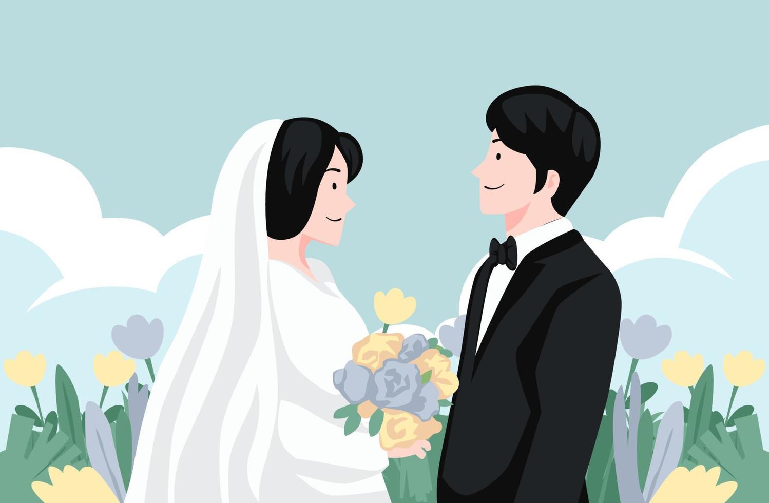 cerimônia de casamento de casal de noivos no dia do casamento colorido com paisagem de colina e ilustração vetorial de cenário vetor