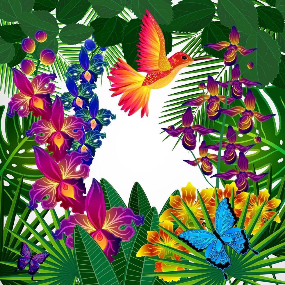 fundo de design floral. flores de orquídeas tropicais, pássaros e borboletas. vetor
