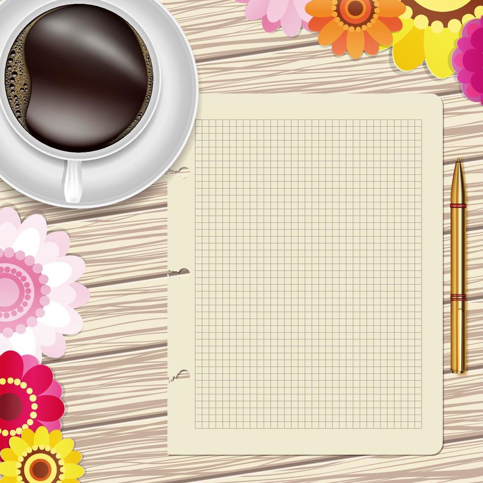 xícara de café, flores, caneta e papel em uma mesa de madeira. cartão floral. vector design plano leigo.