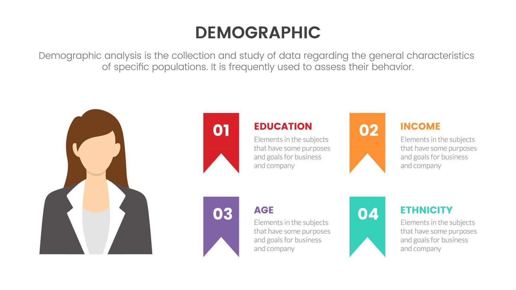 conceito infográfico de demografia feminina para apresentação de slides com lista de 4 pontos e descrição de crachá de ponto de marcador vetor