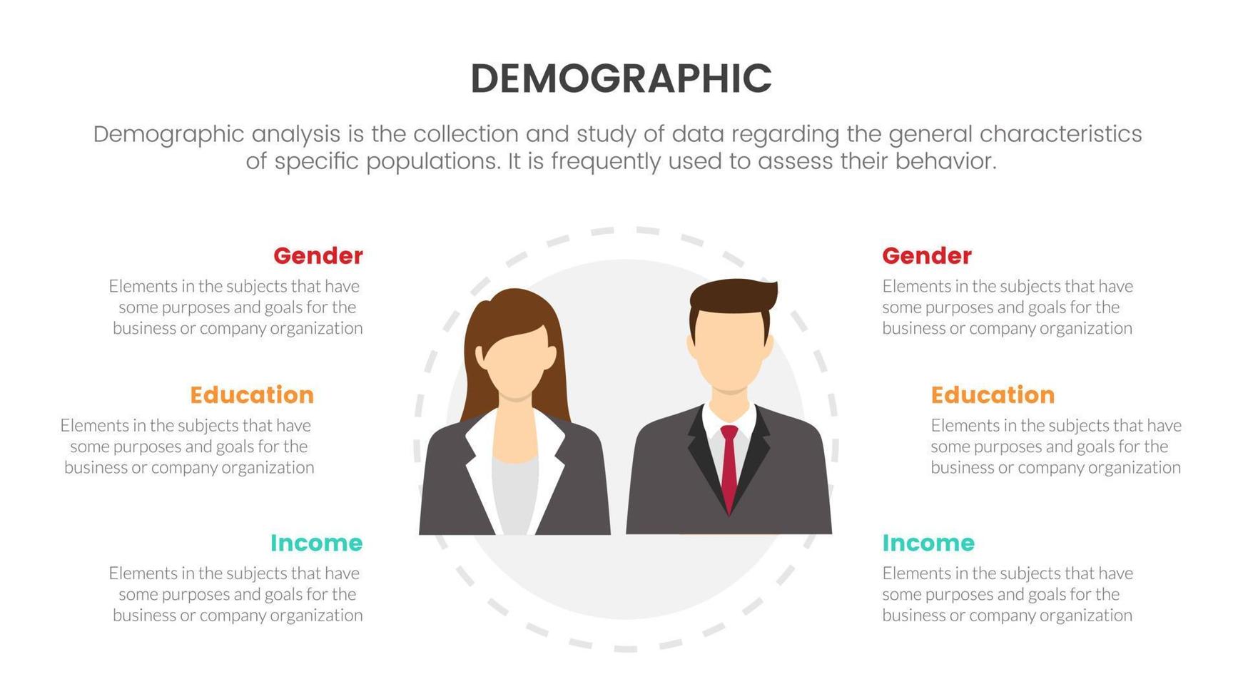 conceito infográfico de demografia masculina e feminina para apresentação de slides com comparação de lista de 3 pontos vetor