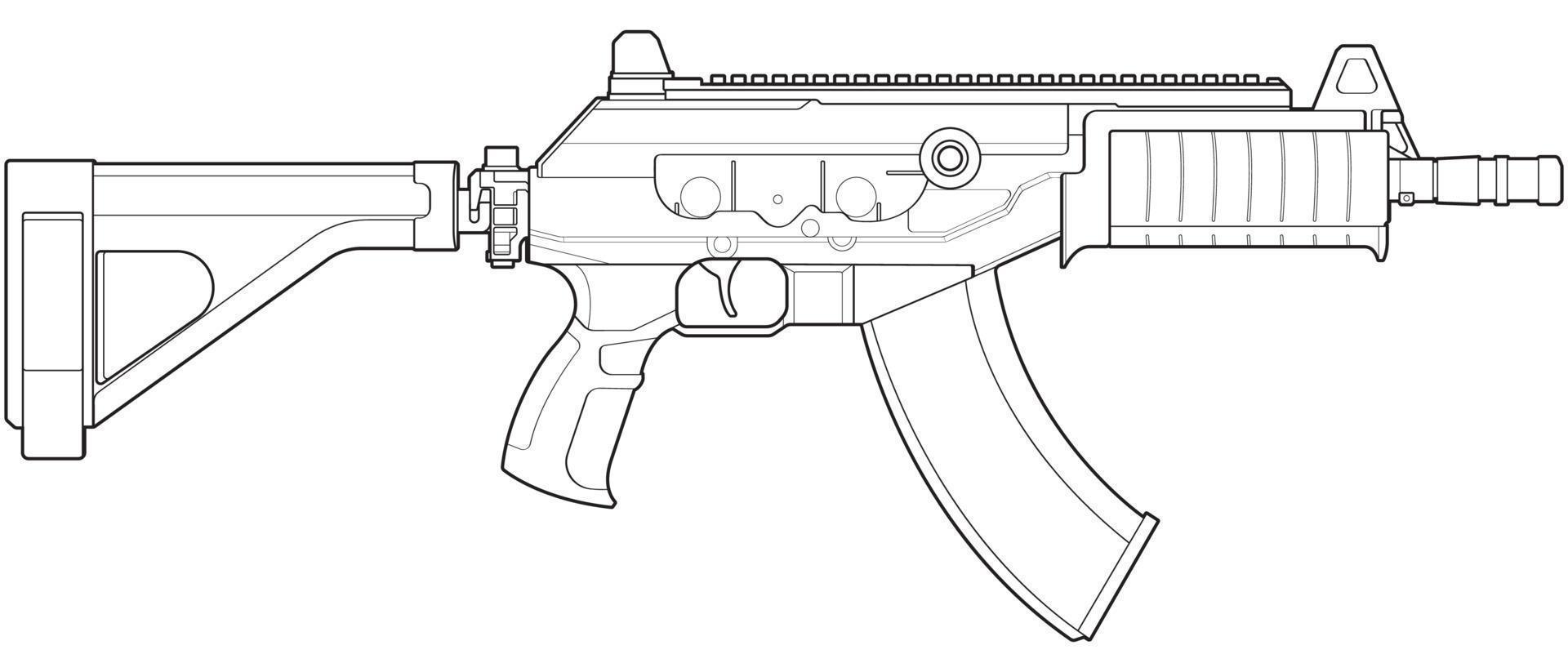 estilo de arte de linha de armas de fogo, arma de tiro, ilustração de arma, linha vetorial, ilustração de arma, arma moderna, conceito militar, arte de linha de pistola para treinamento vetor