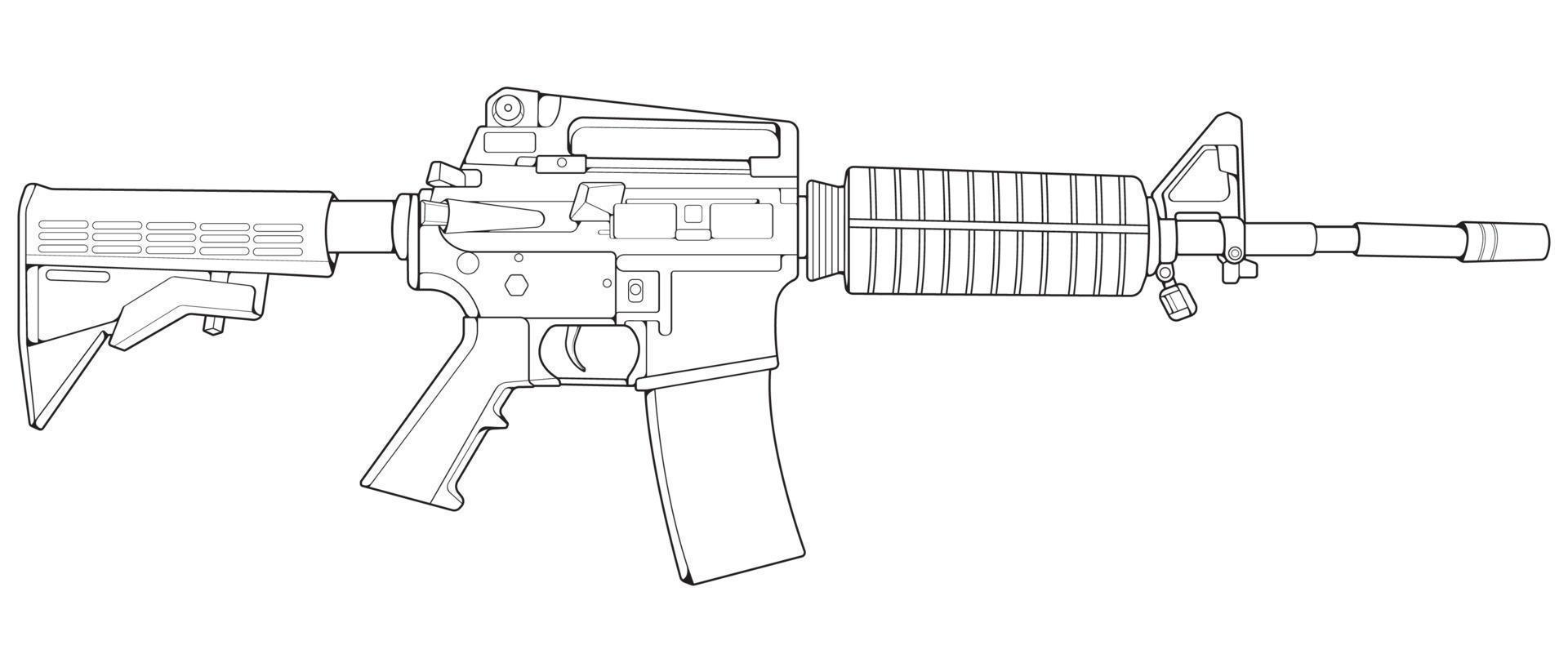 estilo de arte de linha de armas de fogo, arma de tiro, ilustração de arma, linha vetorial, ilustração de arma, arma moderna, conceito militar, arte de linha de pistola para treinamento vetor