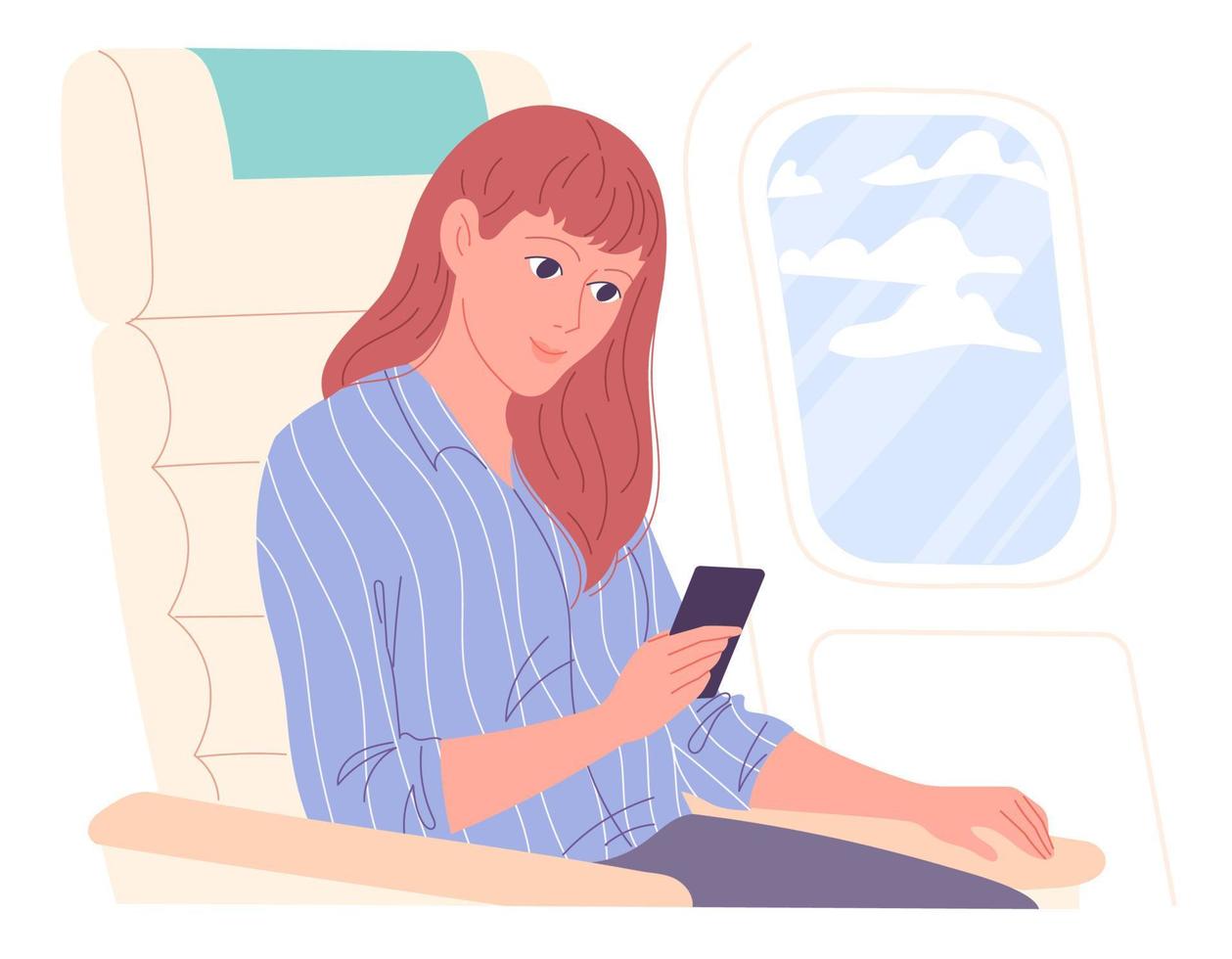mulher com smartphone em aeronaves durante o voo. vetor