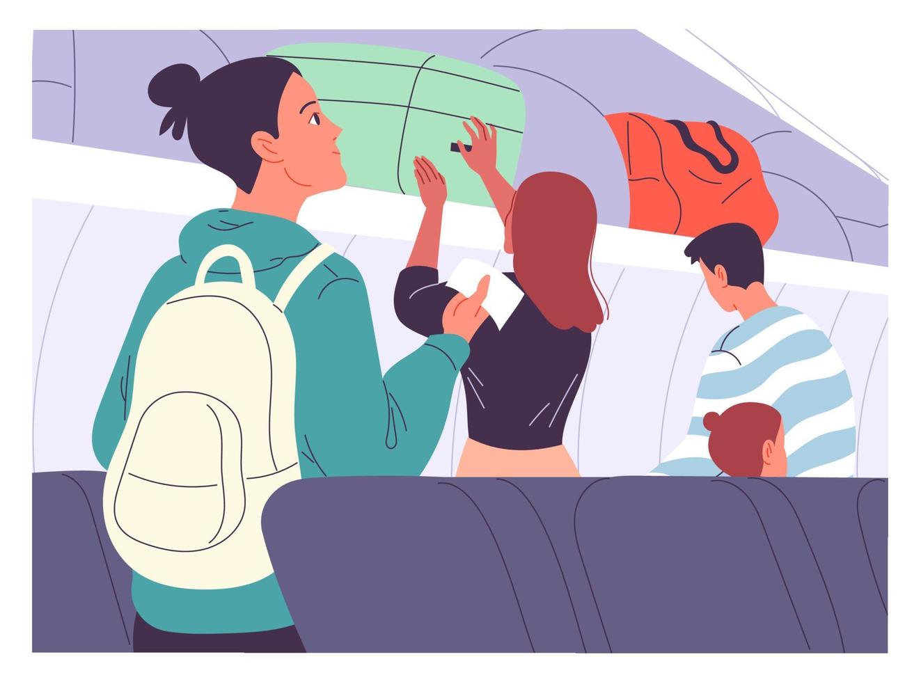 os passageiros se preparam para o voo na cabine, arrumam a bagagem de mão, procuram seus assentos. vetor