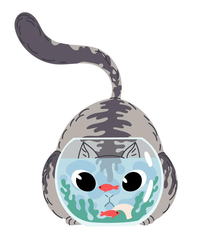 gato no aquário vendo peixes sua cabeça parece ampliada através do vidro. vetor