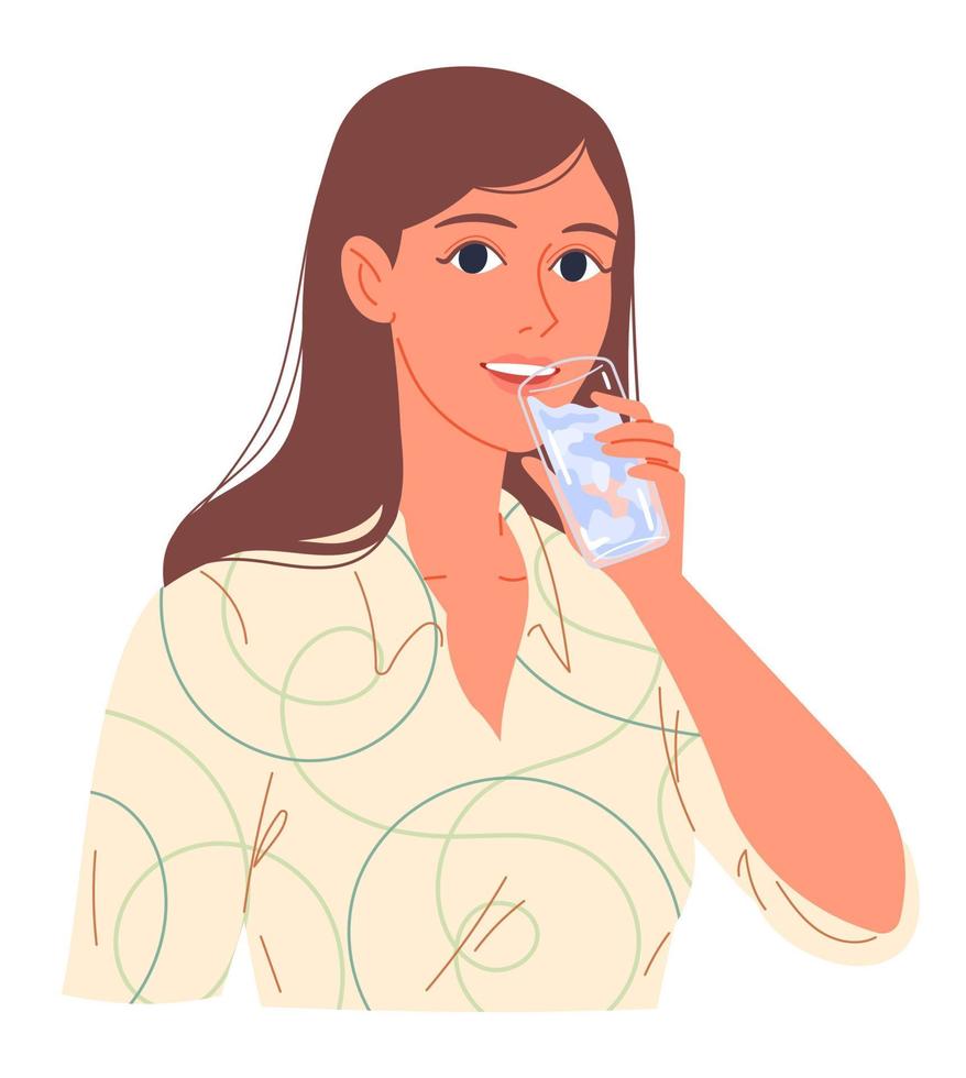 retrato de uma jovem mulher bebendo água de um copo. vetor