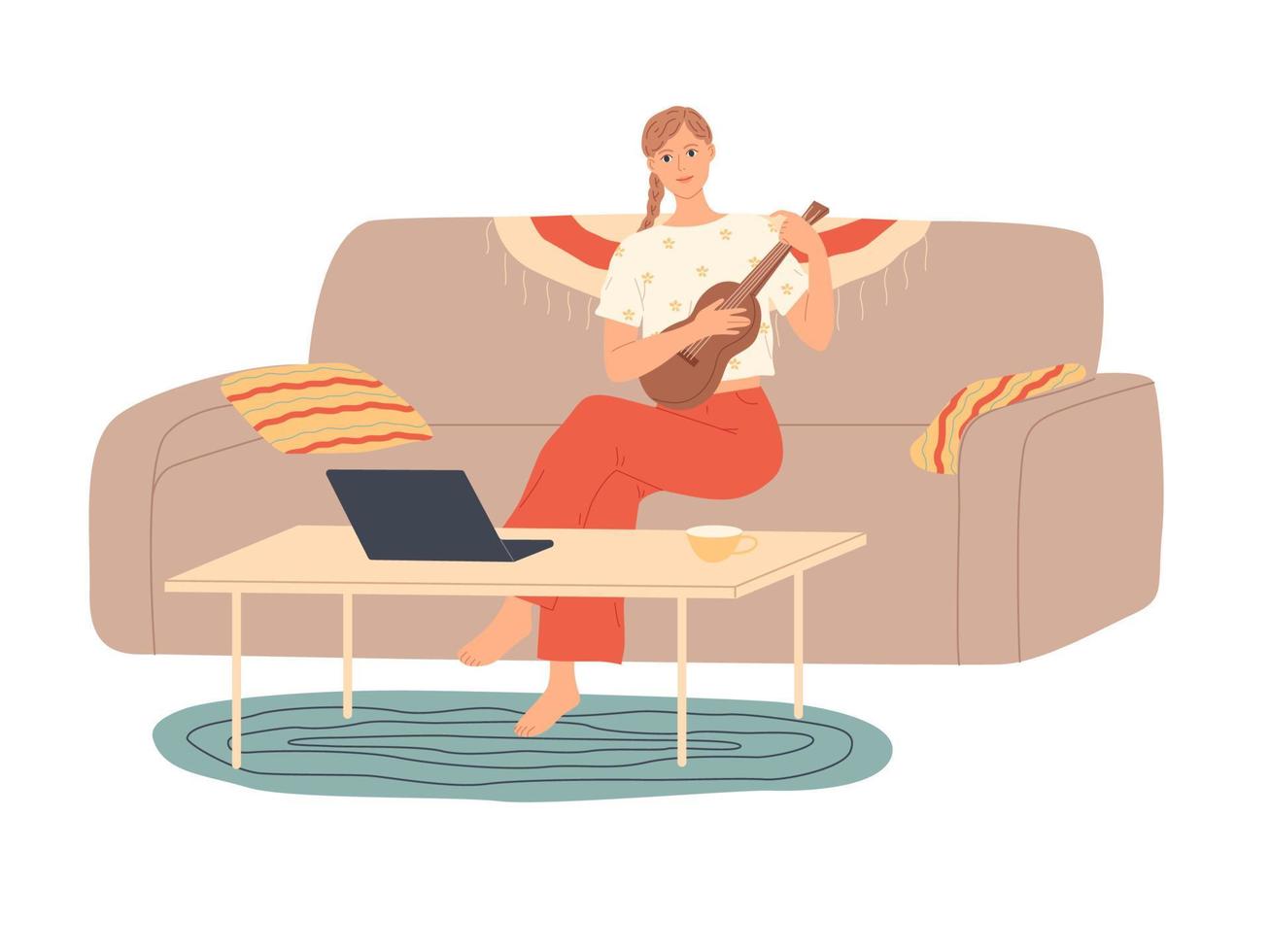 menina em casa sentada no sofá tocando violão vetor