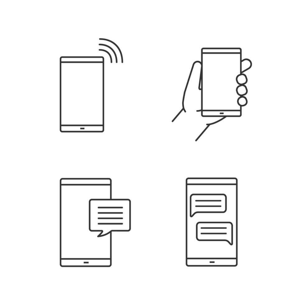 conjunto de ícones lineares de comunicação telefônica. conversando, sms, smartphone na mão, ligando para o telefone. símbolos de contorno de linha fina. ilustrações de contorno de vetor isolado