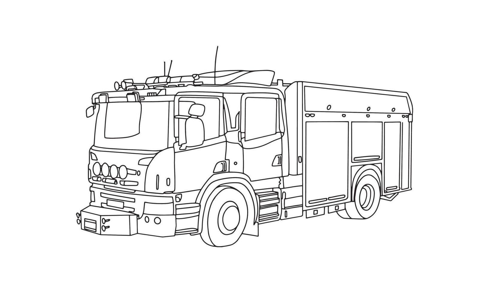 um bom desenho de esboço de arte de linha de caminhão de bombeiros para qualquer tipo de uso de camiseta ou livro de colorir. este é um novo estilo de ilustração de veículos de bombeiros. um visual muito clássico para velocidade e rua. vetor