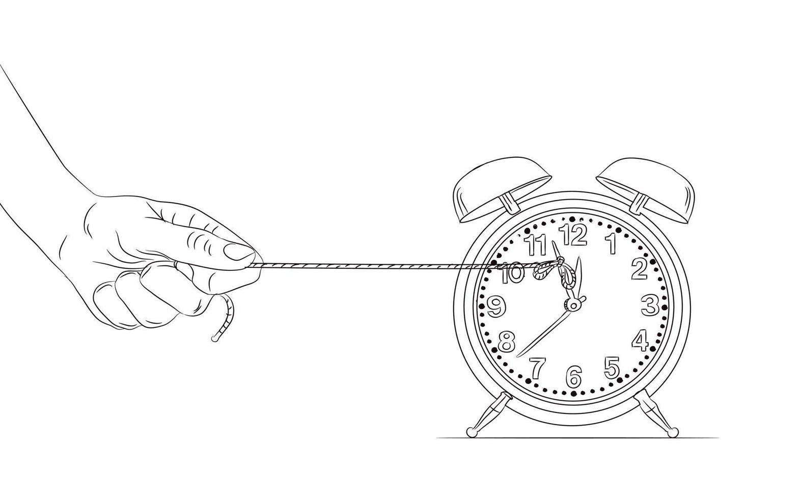 parar o conceito de tempo. parando o tempo em ilustração vetorial. tentando parar um tempo. relógio parar por caracol. caracol puxando corda para cronômetro. conceito de prazo de trabalho. segurando o tempo no relógio por corda. vetor
