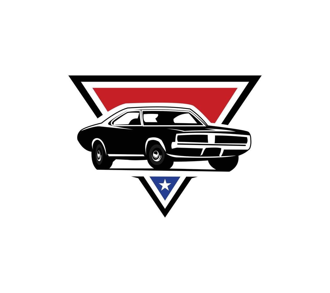 logotipo do muscle car - carro vetorial isolado em preto parece elegante de uma frente elegante e ótimo para banners, modelos, emblemas, crachás, roupas vetor