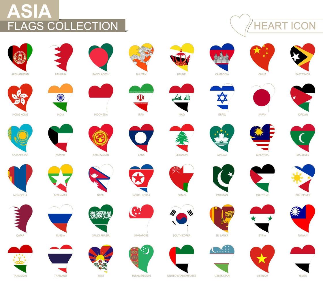 coleção de bandeiras vetoriais de países asiáticos. conjunto de ícones de coração. vetor