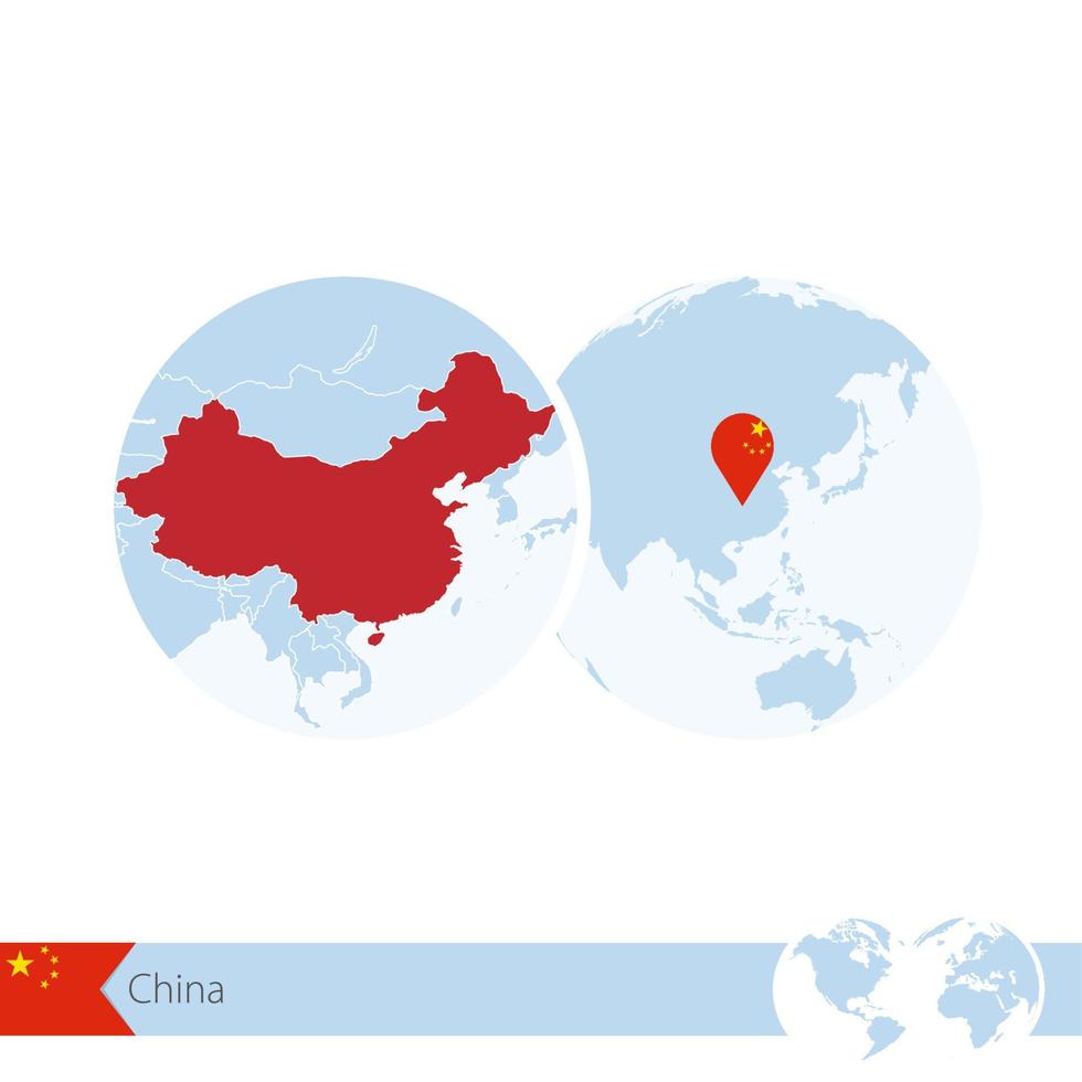 China no globo do mundo com bandeira e mapa regional da China. vetor