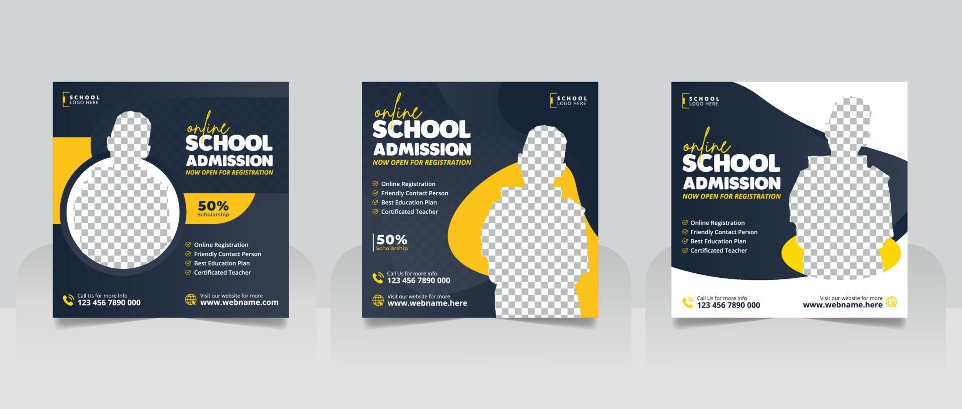 banner de postagem de mídia social de admissão escolar ou panfleto quadrado educacional de volta ao modelo de design de banner da web da escola vetor